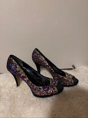 Nine West Multicolor Sequin Peep-Toe Heels with Black Trim